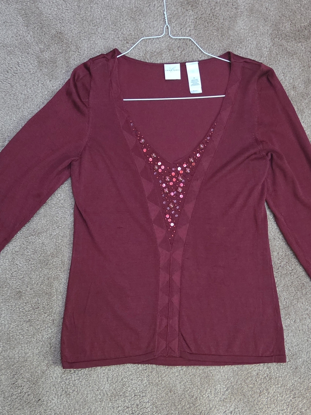 Emma James Burgundy Long-Sleeve V-Neck Top with Sequin Detail